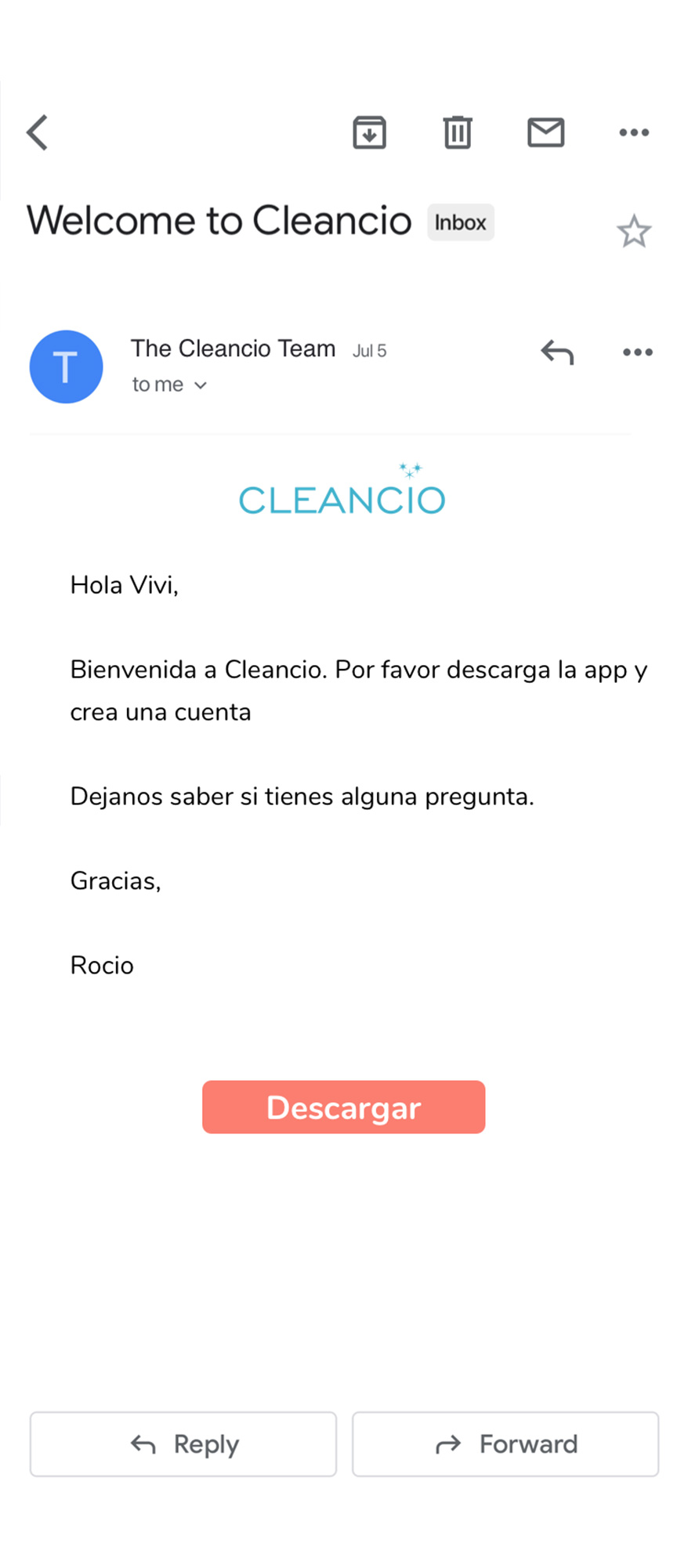 Email to new Cleancios, asking them to download the app. (In Spanish)