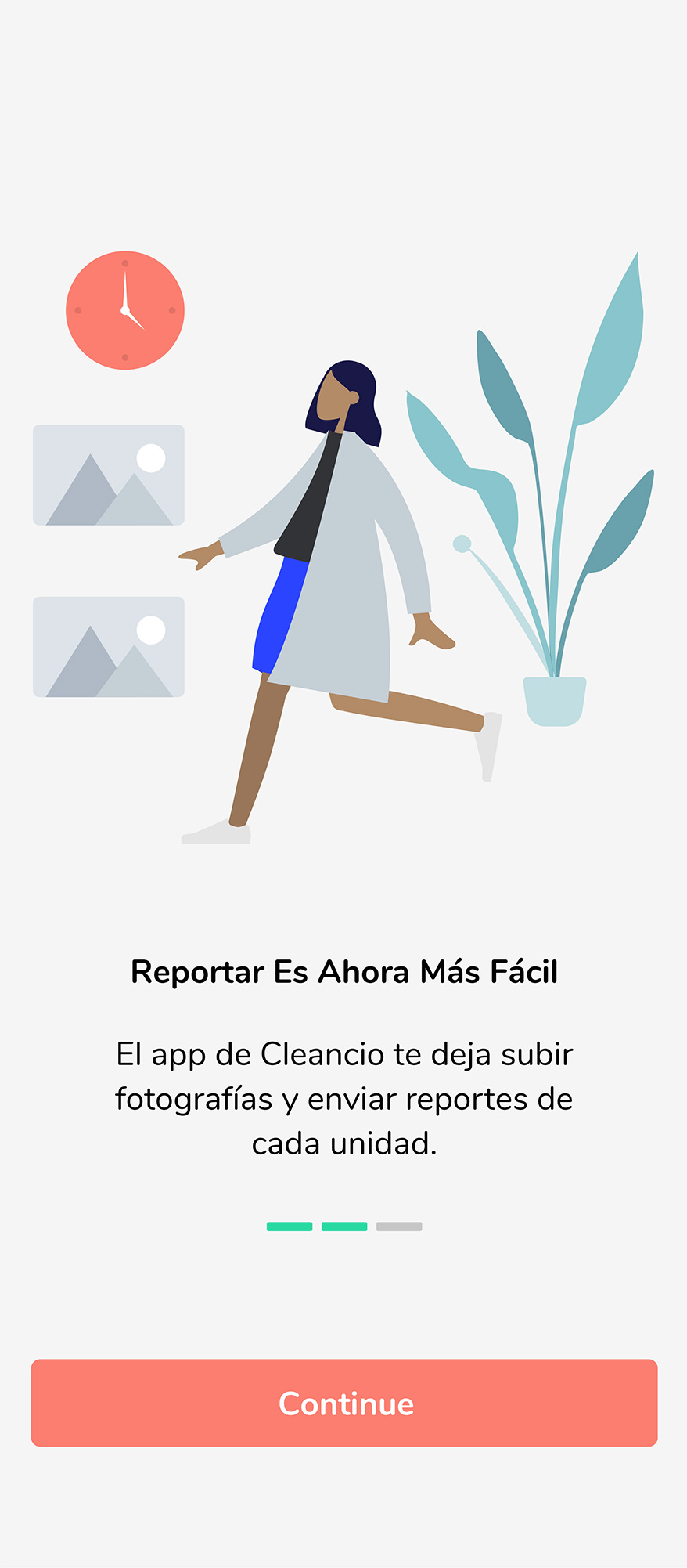 Onboarding screen describing how reporting is now easier with the Cleancio app.