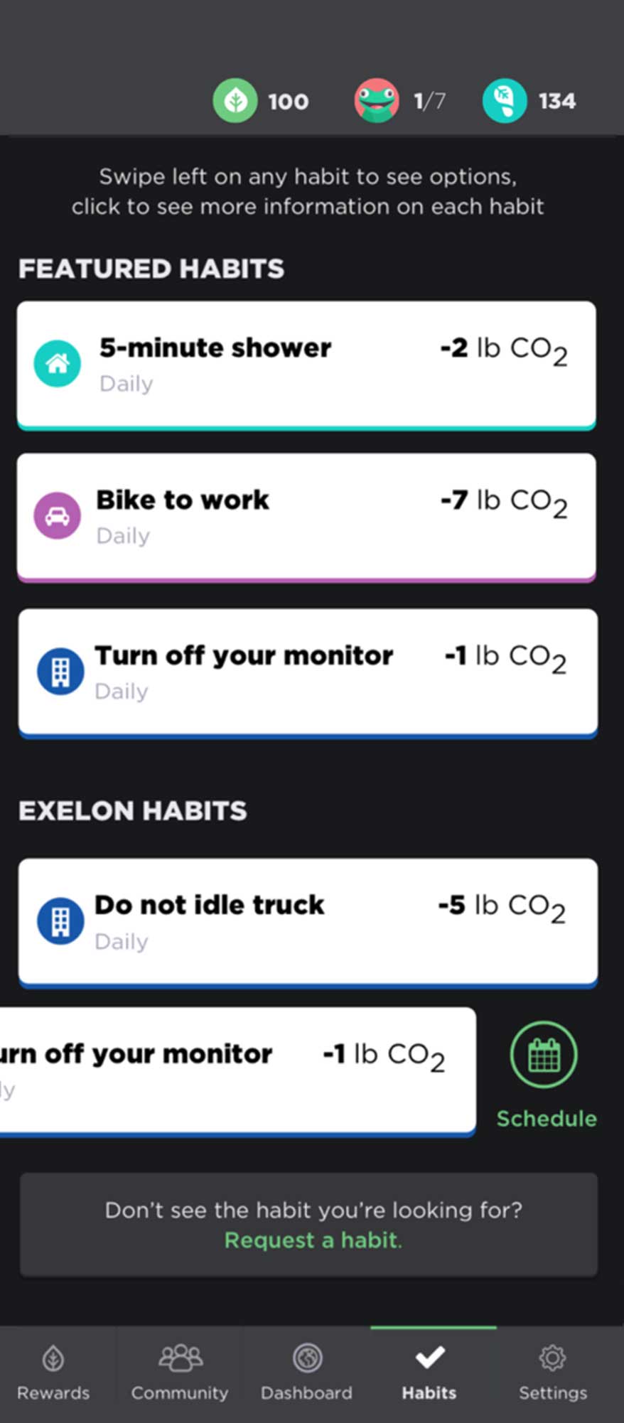 Featured habits screen where users can see and complete habits to reduce their footprint.