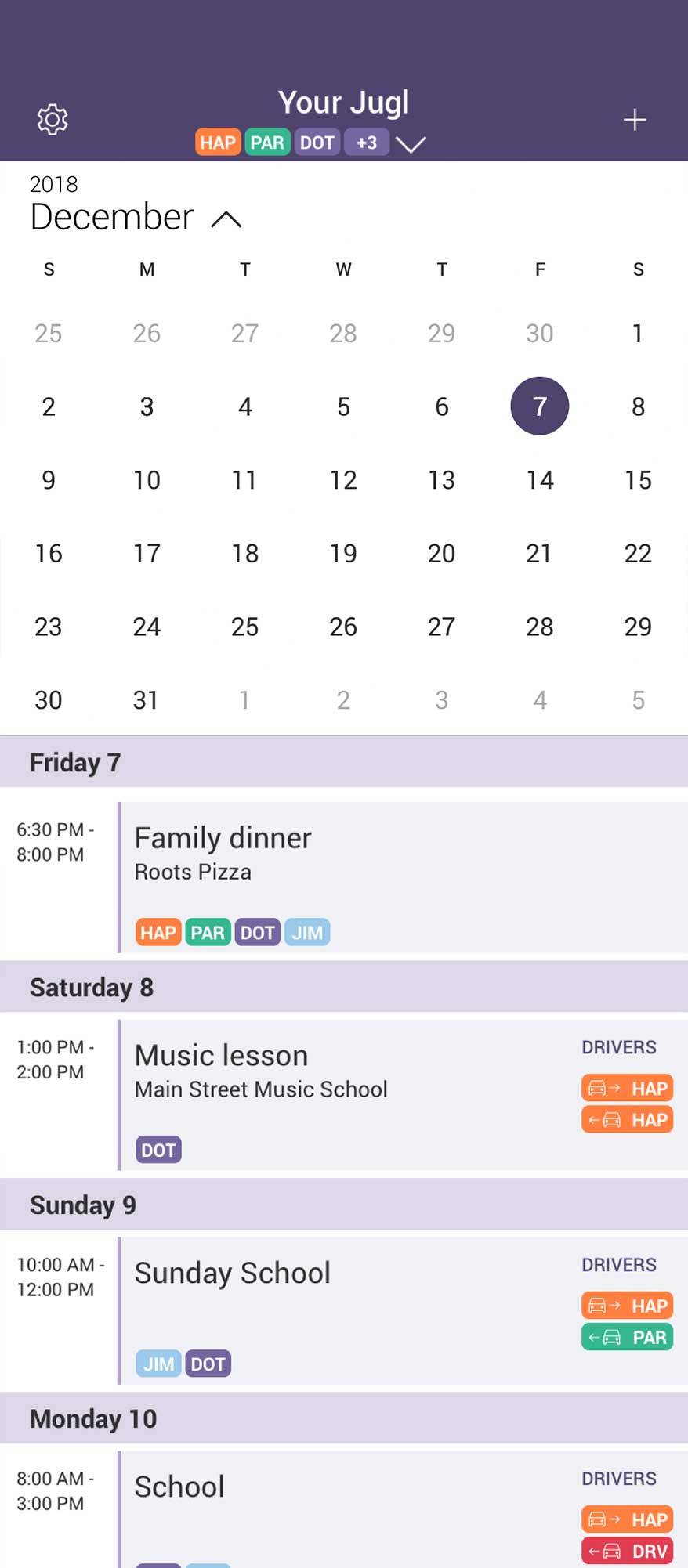 Calendar view of the Jugl mobile app. Includes events for the next four days.