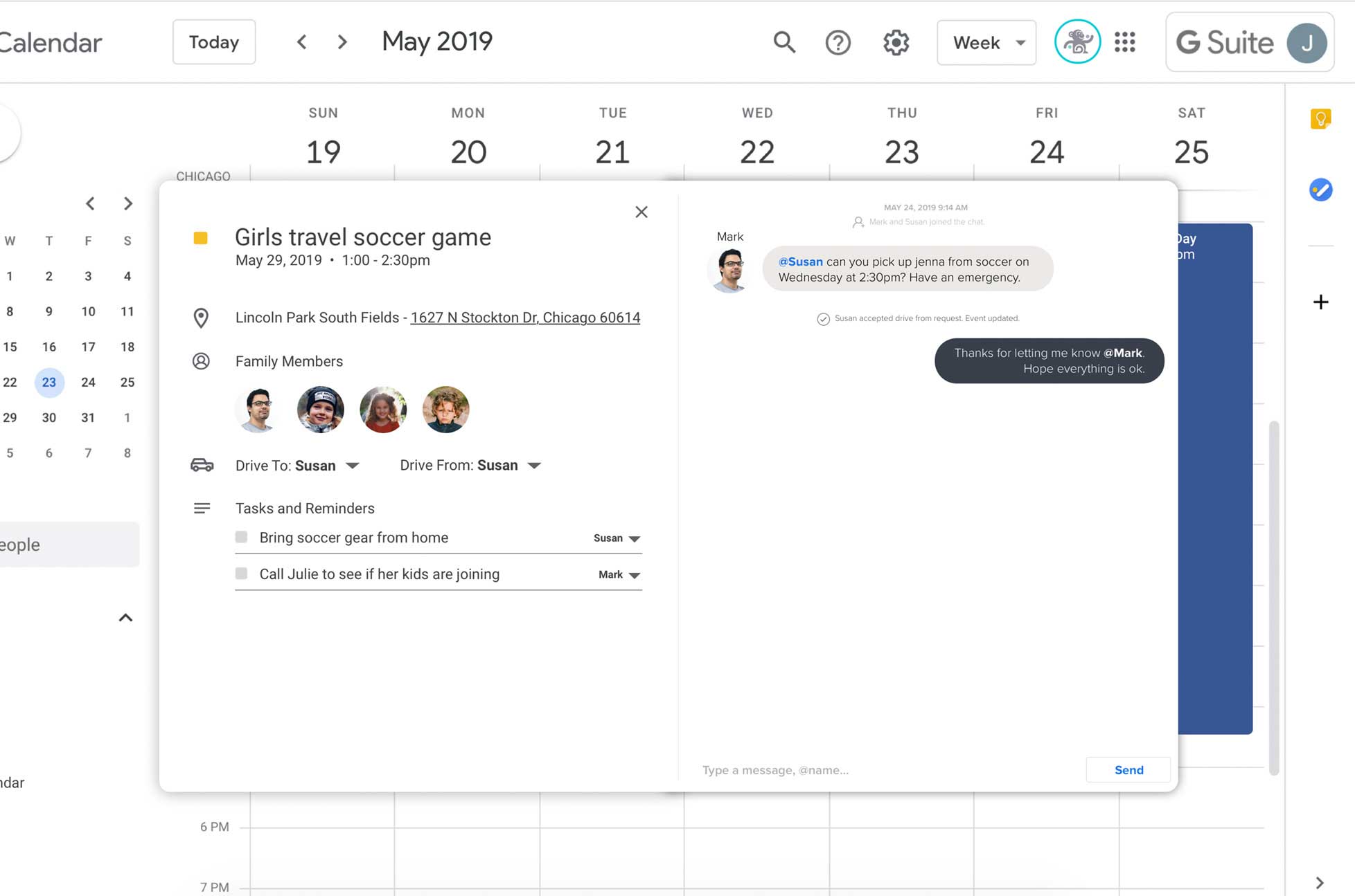 Desktop view of Jugl web app, where Susan is responding to a family member, Mark, to confirm they can drive back from the soccer game.