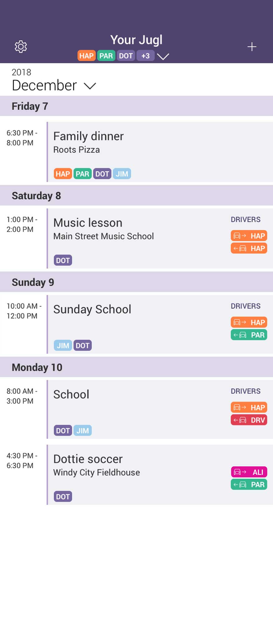 Schedule view of the Jugl mobile app, with the Calendar view collapsed. Includes five events.