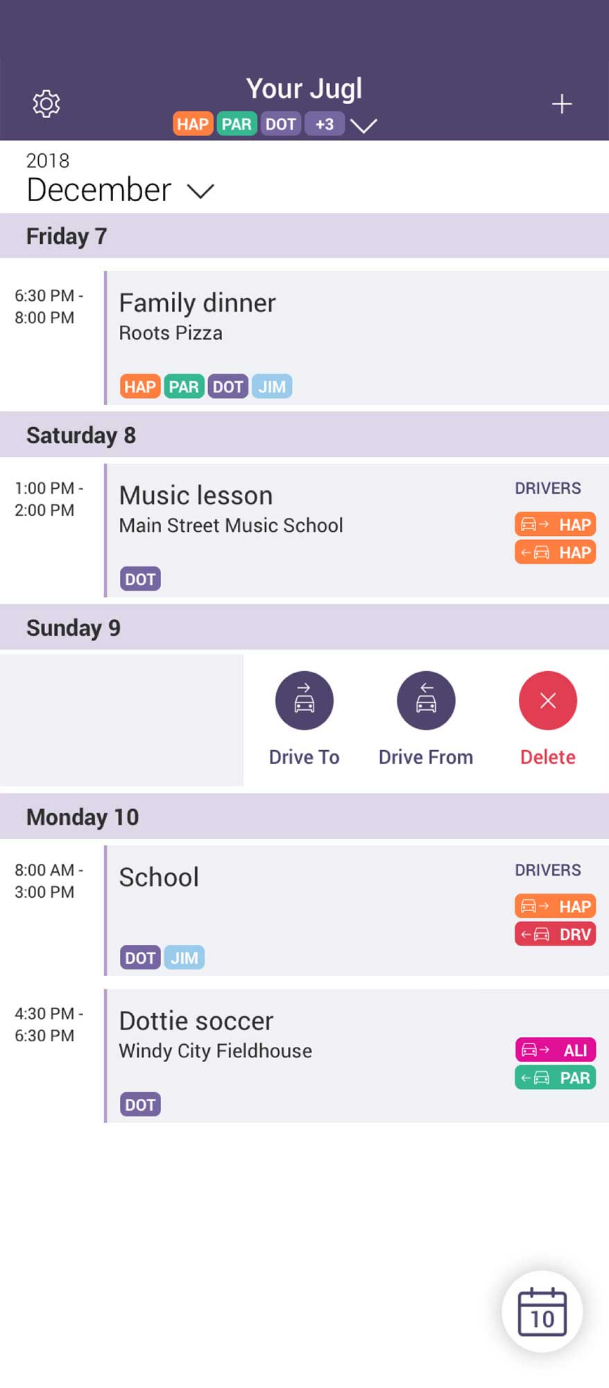 Schedule view of the Jugl mobile app, where the user has swiped on an event to show the Quick Actions menu.