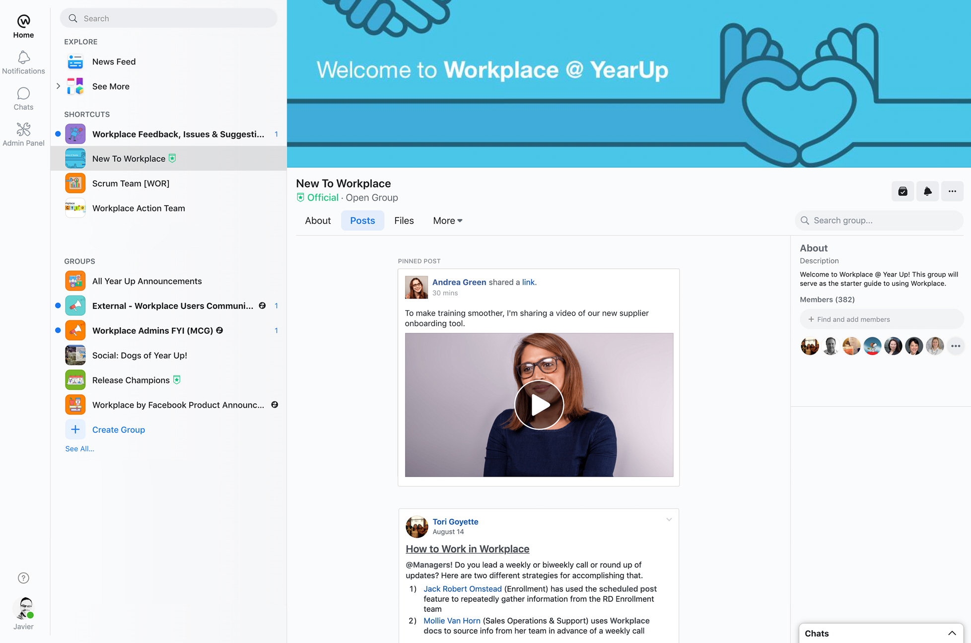 The Welcome to Workplace group, created to support employees adoption and use of the platform.