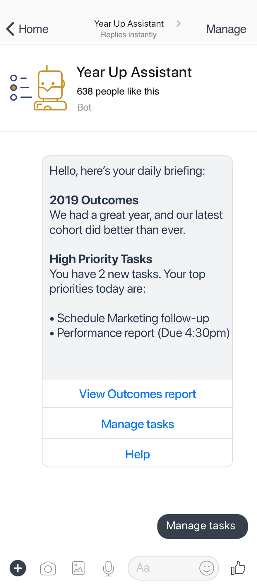Year Up Assistant, a chat bot, providing the Daily Briefing to an employee, via the Workplace Chat mobile app.