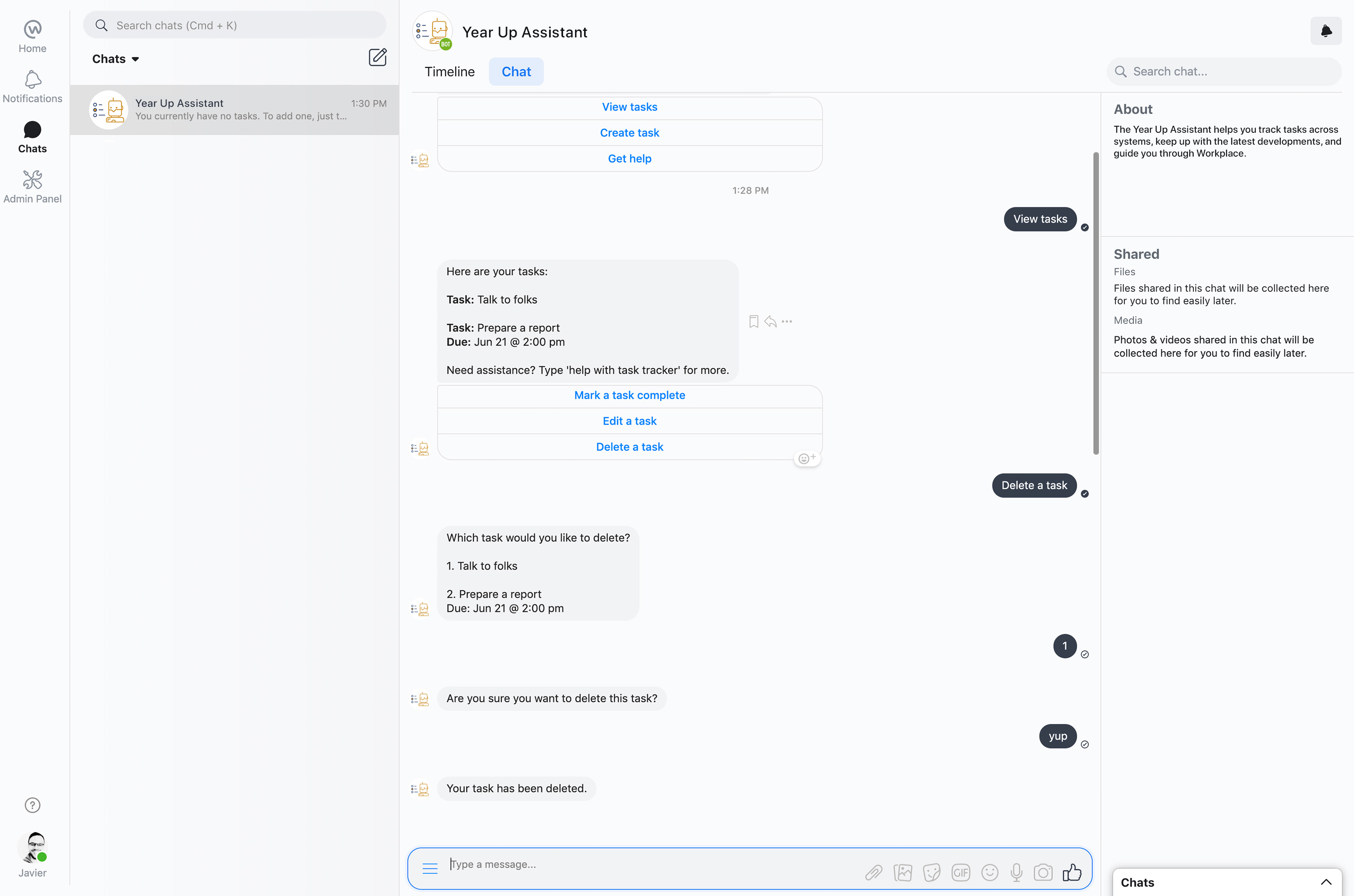 Chat with the Year Up Assistant, adding and deleting tasks for the day through a chat bot driven experience.