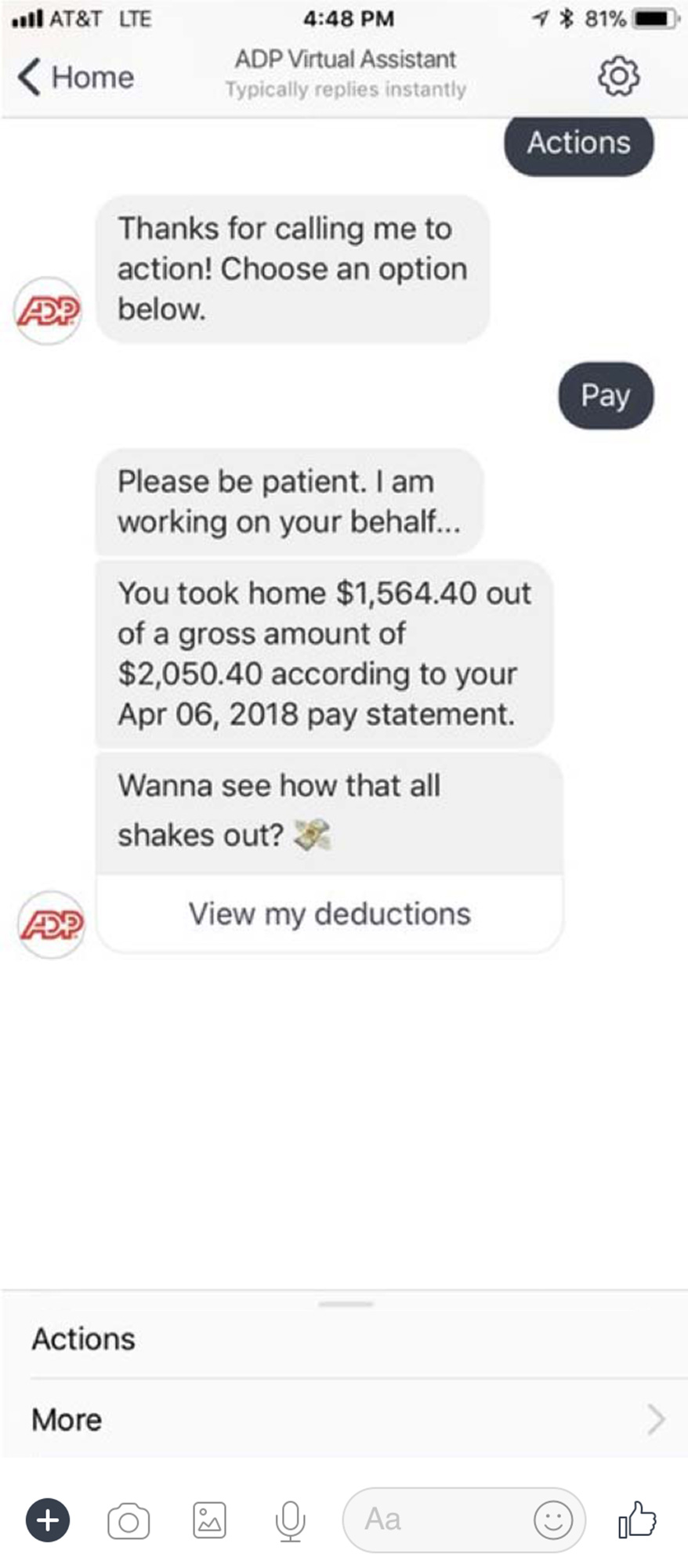ADP bot providing a summary of an employee's latest pay statement, via the Workplace Chat mobile app.