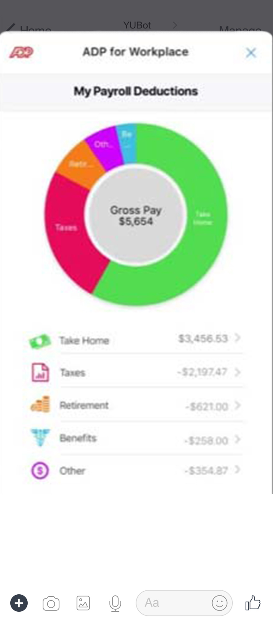 ADP bot displaying Payroll Deductions by category with a pie chart.